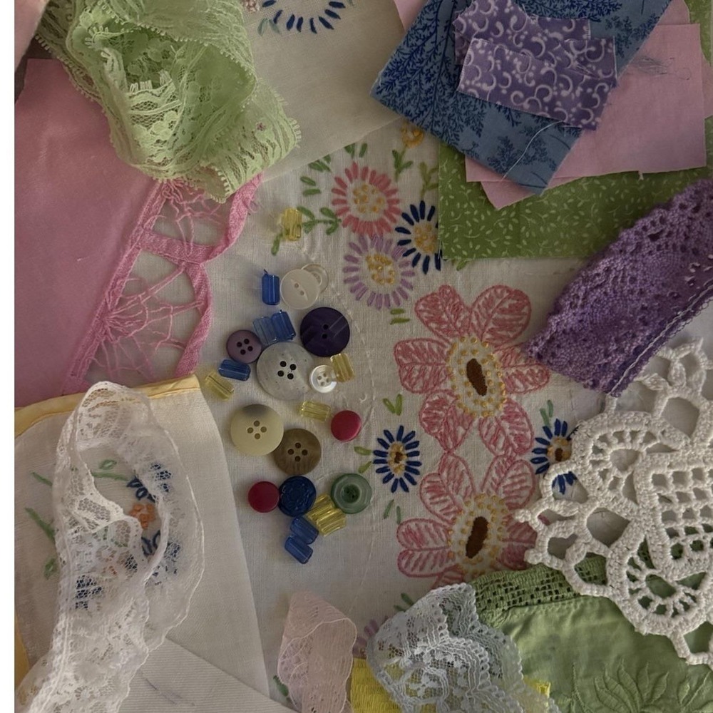 Hand Slow Stitch Pretty in Pastels Fabric Lace Button Beads Junk Journal Kit VTG